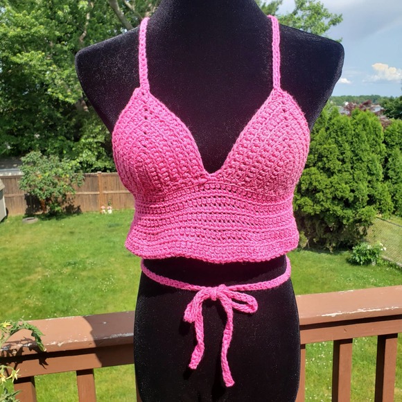 Crop Top BARBIECORE PINK Crochet Festival Cotton B CUP Adjustable Size - Picture 7 of 8